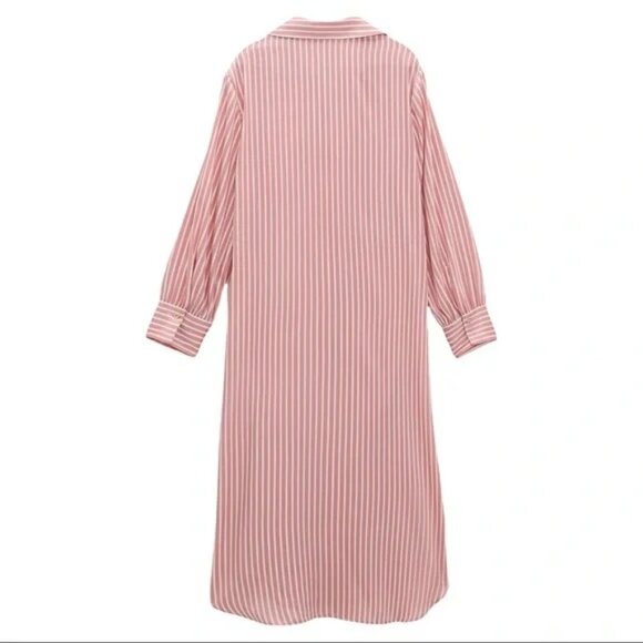Zara Satin Striped Gathered Origami Long Sleeve Midi Shirt Dress Large - Picture 8 of 8